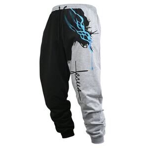 Men's Drawstring Waist Color Block Jesus Sweatpants in Gray, Size S​​